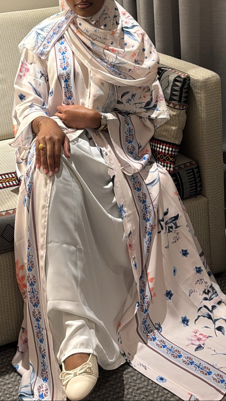 Bloom Printed Abaya - White