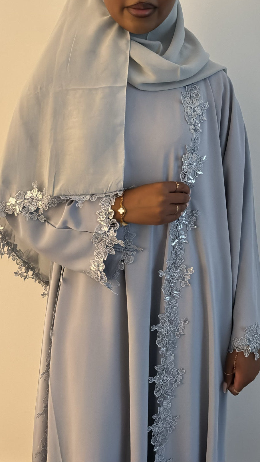 Slate Blue Lace Abaya - full length