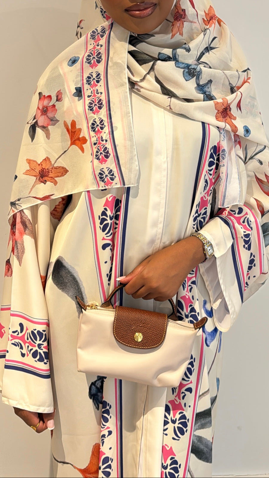 Bloom Abaya - Cream with Pink Side Accent