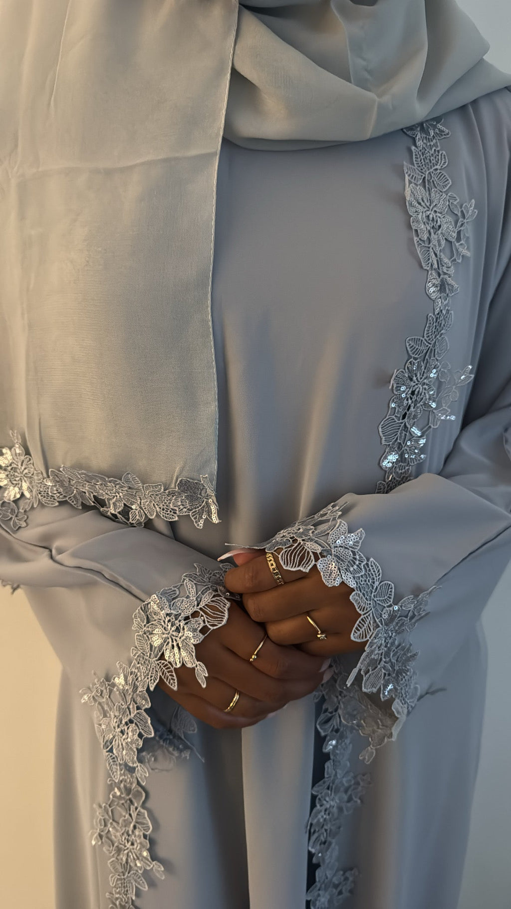 Slate Blue Lace Abaya - side view