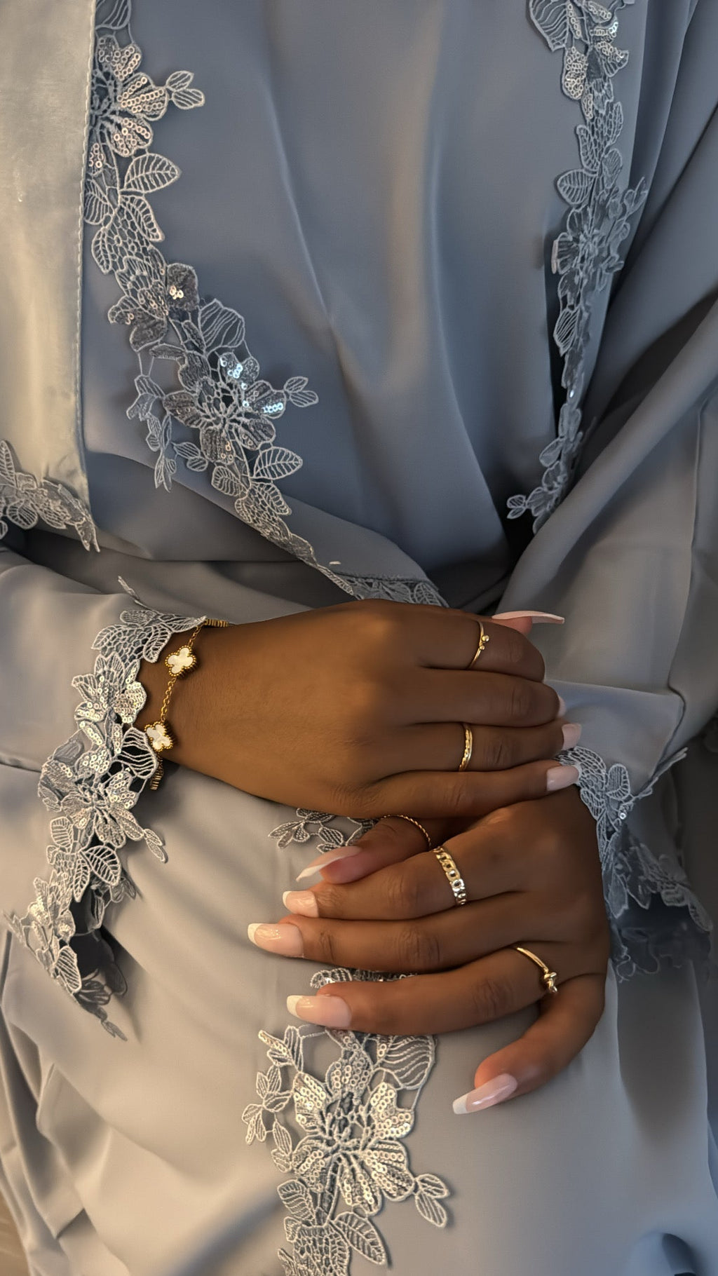 Slate Blue Lace Abaya - full length side