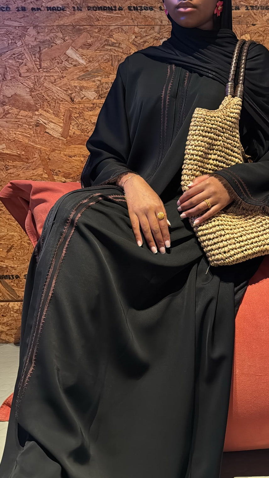 Everyday Embroidered Abaya - Brown Trim